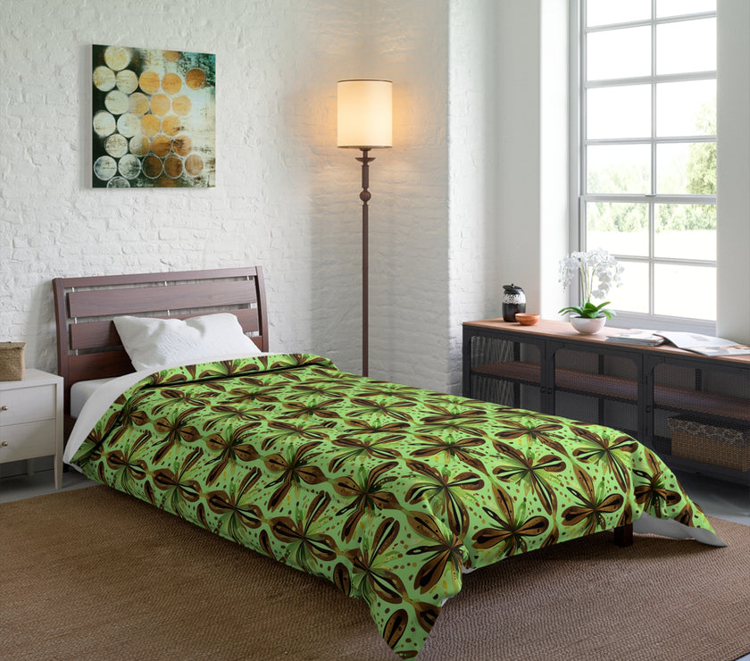 Vibrant Floral Comforter - Boho Bedding, Green Patterned Blanket, Cozy Home Decor, Gift for Nature Lovers, Spring Bedroom
