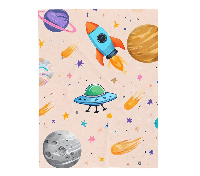 Kids Space Ship Rocket Moon Velveteen Plush Blanket - Children's Bedroom Decor, Outer Space Theme, Galaxy Nursery Bedding, Celestial Throw