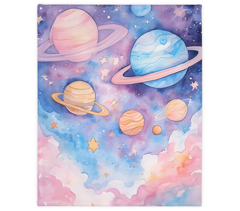 Kids Blanket, Velveteen Microfiber Blanket with Planet Moon and Stars Design - Two-sided Print, Children's Throw, Outer Space Bedding,
