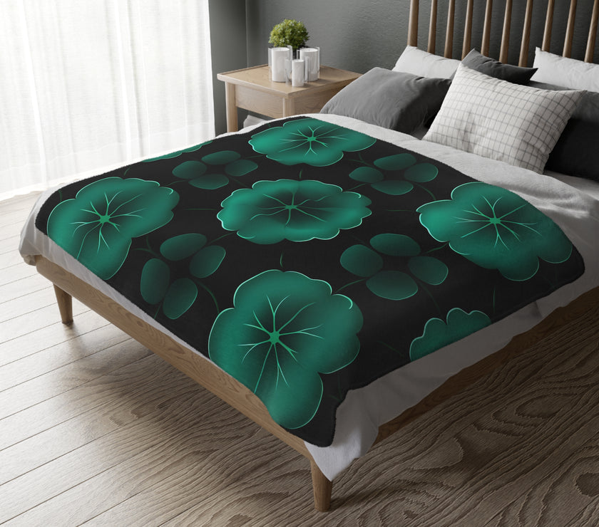 Green Jade Floral Velveteen Microfiber Blanket (Two-sided print)
