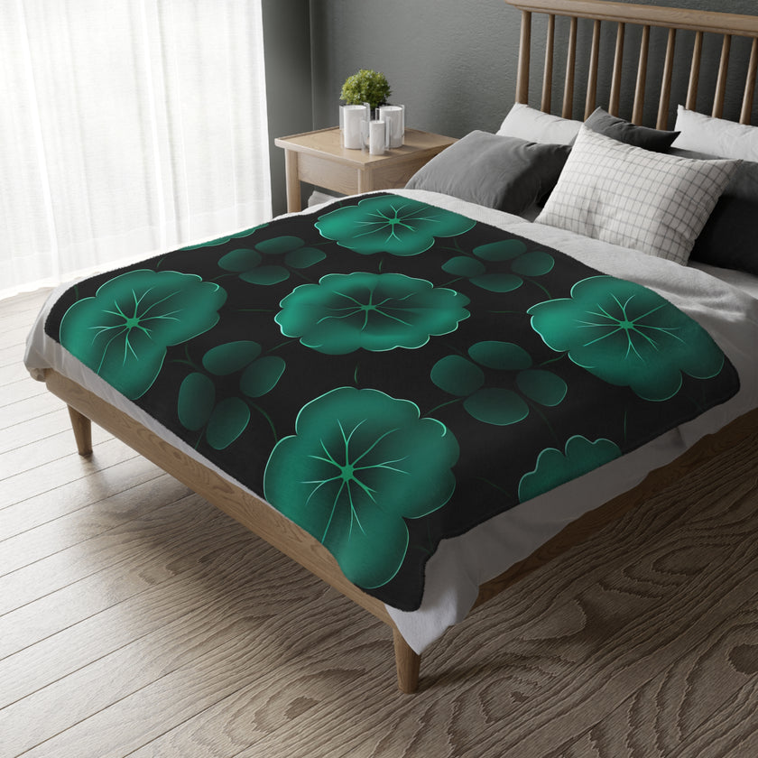 Green Jade Floral Velveteen Microfiber Blanket (Two-sided print)