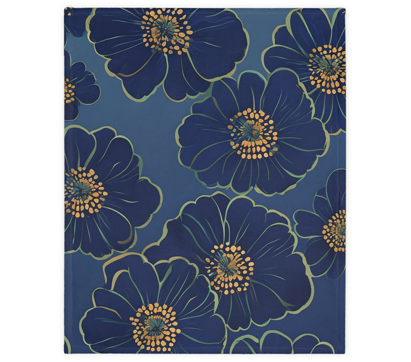 Blanket, Cozy Velveteen Microfiber Two-Sided Print Blue Floral Design - Throw, Bedding, Home Decor, Living Room Accent, Gift Idea