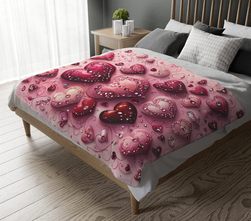Pink Hearts Velveteen Microfiber Blanket (Two-sided print) Pink Velveteen Microfiber Blanket, Love Blanket