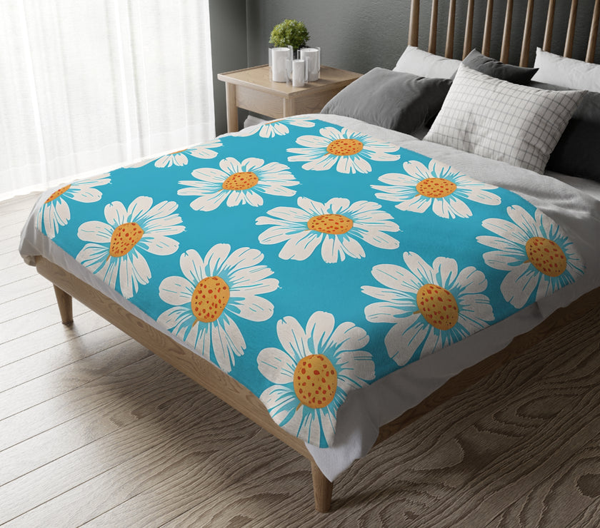 Velveteen Microfiber Blanket, White Daises on Blue Blanket, Floral Throw Blanket, Cozy Couch Blanket, Gift for Her, Home Decor Accent
