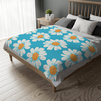 Velveteen Microfiber Blanket, White Daises on Blue Blanket, Floral Throw Blanket, Cozy Couch Blanket, Gift for Her, Home Decor Accent