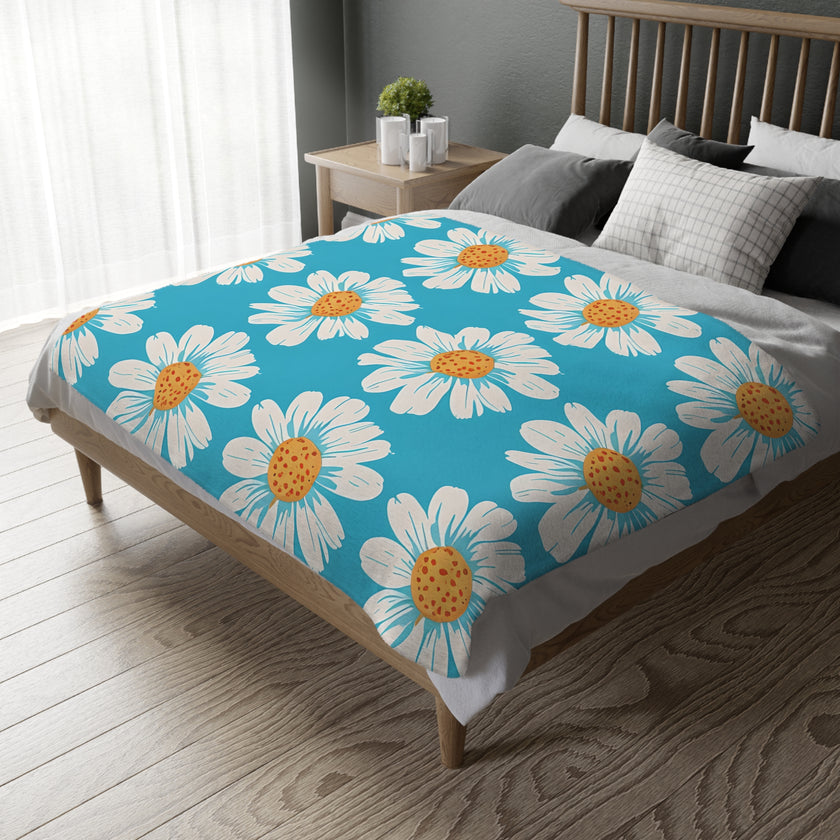 Velveteen Microfiber Blanket, White Daises on Blue Blanket, Floral Throw Blanket, Cozy Couch Blanket, Gift for Her, Home Decor Accent