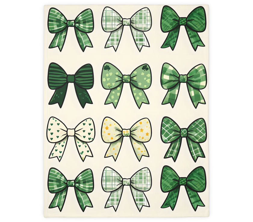 Velveteen Microfiber Blanket, Green Bow Blanket. Double-Sided Print, Soft Plush Throw for Cozy Nights, Christmas Blanket. Holiday Gift Idea,