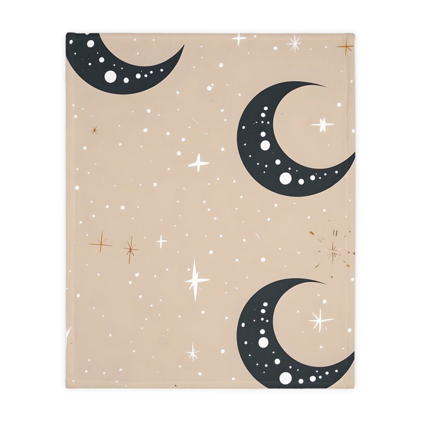 Velveteen Blanket, Pink Moon and Stars Soft Throw, Cozy Bedding, Nursery Decor, Celestial Night Sky Bed Cover, Double Sided Print