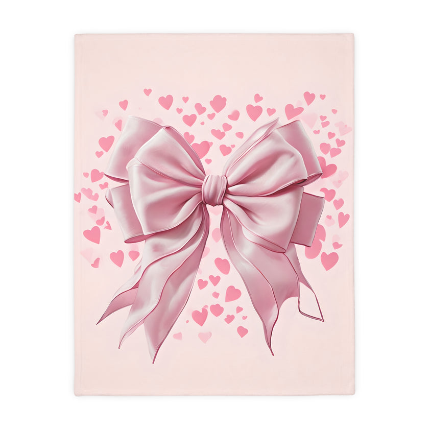 Pink Bow . Pink Heart Velveteen Microfiber Blanket (Two-sided print)