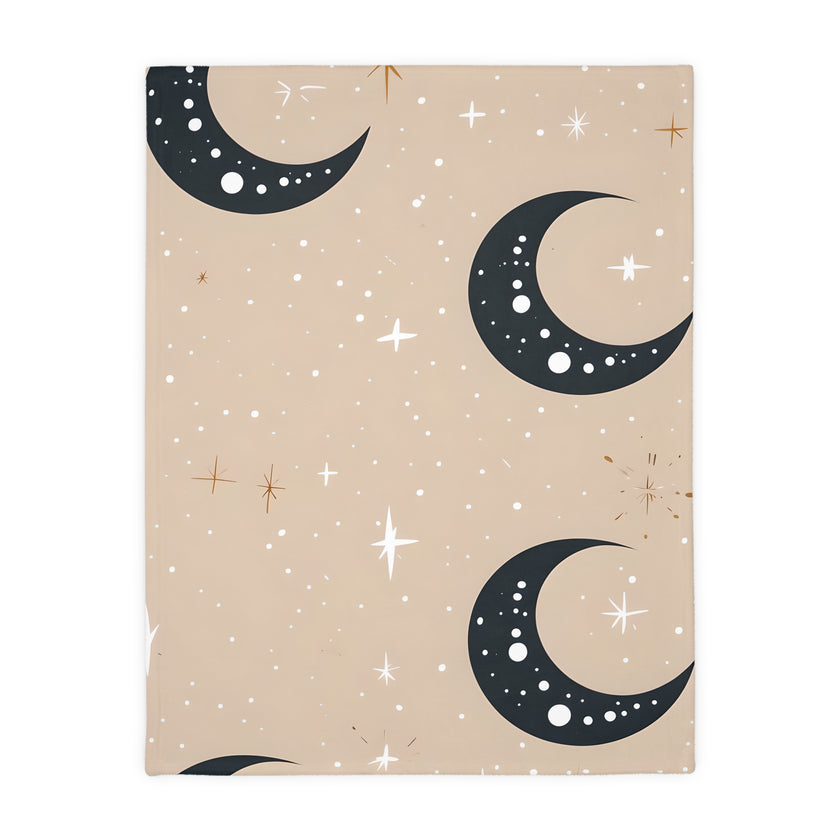 Velveteen Blanket, Pink Moon and Stars Soft Throw, Cozy Bedding, Nursery Decor, Celestial Night Sky Bed Cover, Double Sided Print