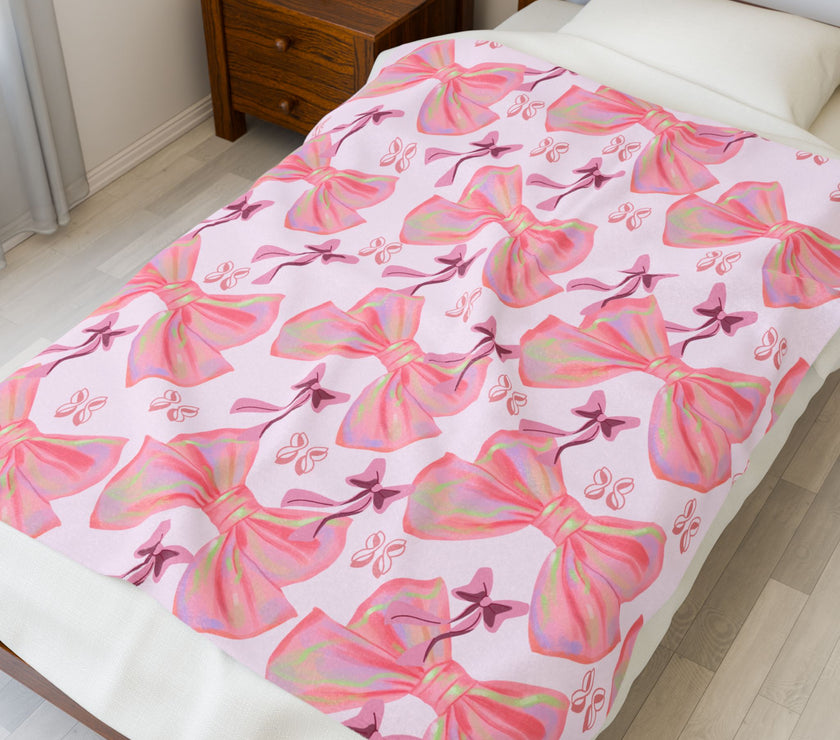 Velveteen Plush Blanket, Cozy Pink Bow Blanket, Soft Fleece Throw, Warm Bedding, Girly Bedroom Decor, Gift for Her