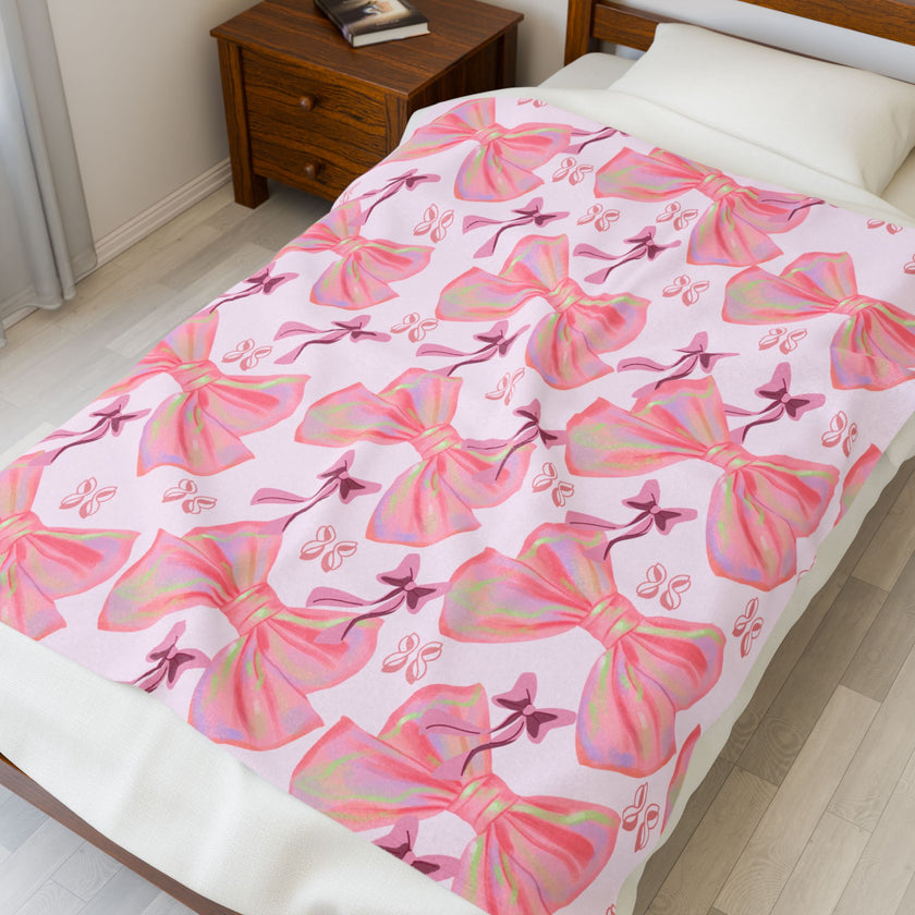 Velveteen Plush Blanket, Cozy Pink Bow Blanket, Soft Fleece Throw, Warm Bedding, Girly Bedroom Decor, Gift for Her