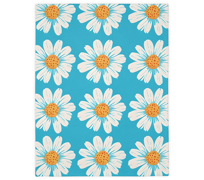 Velveteen Microfiber Blanket, White Daises on Blue Blanket, Floral Throw Blanket, Cozy Couch Blanket, Gift for Her, Home Decor Accent