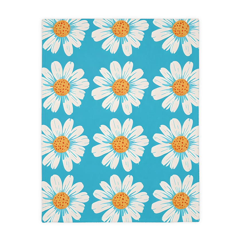 Velveteen Microfiber Blanket, White Daises on Blue Blanket, Floral Throw Blanket, Cozy Couch Blanket, Gift for Her, Home Decor Accent