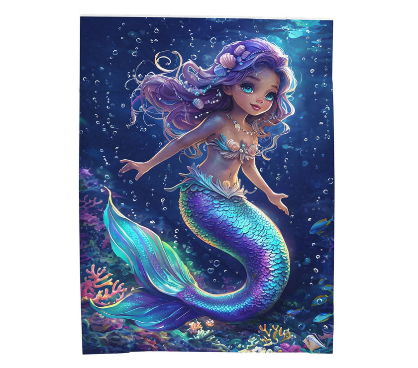 Mermaid Velveteen Plush Blanket, Cozy Throw for Kids, Nautical Decor, Gift for Birthdays, Under the Sea Theme, Soft Blanket