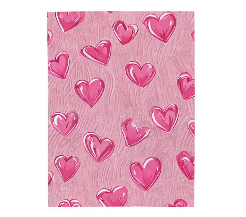 Velveteen Plush Blanket - Pink Hearts Cozy Throw, Warm Snuggle Quilt, Soft Fleece Bedspread, Comfy Bedding Cover, Lovely Valentine's Day