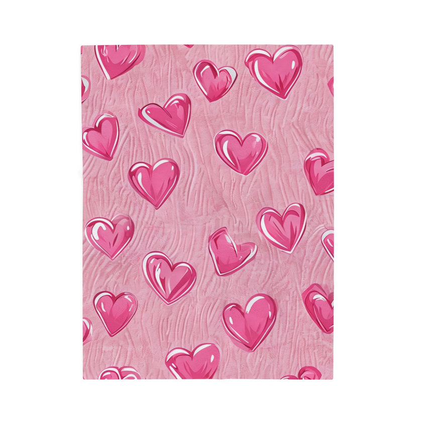Velveteen Plush Blanket - Pink Hearts Cozy Throw, Warm Snuggle Quilt, Soft Fleece Bedspread, Comfy Bedding Cover, Lovely Valentine's Day