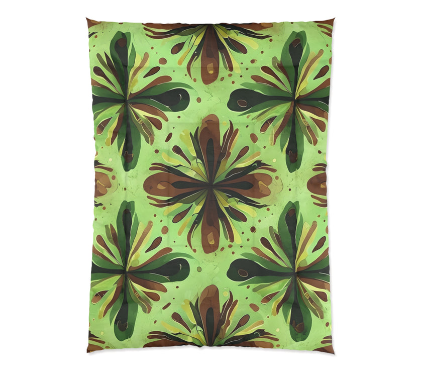 Eco-Friendly Floral Comforter, Nature-Inspired Bedding, Cozy Home Decor, Gift for Plant Lovers, Green and Brown Design