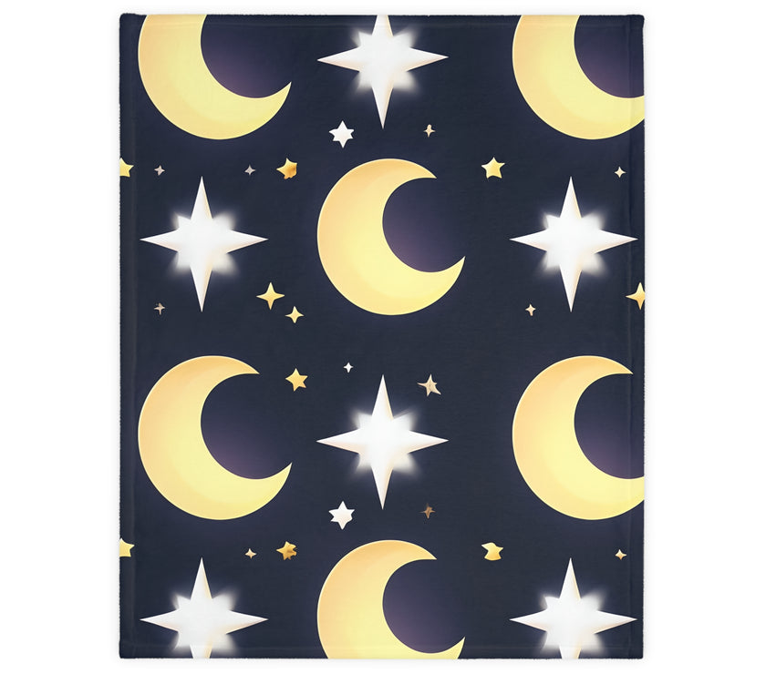 Blanket, Gold Moon and Stars Print, Soft Velveteen Microfiber Throw, Celestial Home Decor, Cozy Bedroom Accent, Night Sky Galaxy Design,