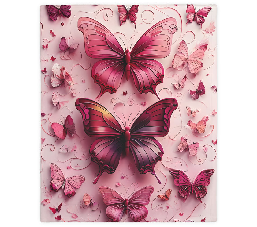 Pink Butterfly  Velveteen Microfiber Blanket (Two-sided print)