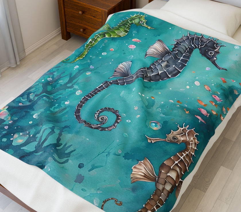 Velveteen Plush Blanket, Sea Horse Kids Blanket, Green Blue Blanket, Ocean Theme Throw, Children's Bedroom Decor, Cozy Nursery Bedding