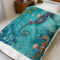Velveteen Plush Blanket, Sea Horse Kids Blanket, Green Blue Blanket, Ocean Theme Throw, Children's Bedroom Decor, Cozy Nursery Bedding