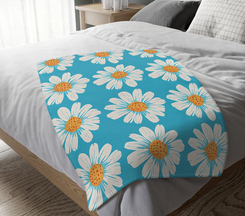Velveteen Microfiber Blanket, White Daises on Blue Blanket, Floral Throw Blanket, Cozy Couch Blanket, Gift for Her, Home Decor Accent