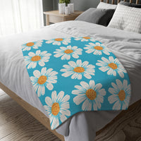 Velveteen Microfiber Blanket, White Daises on Blue Blanket, Floral Throw Blanket, Cozy Couch Blanket, Gift for Her, Home Decor Accent
