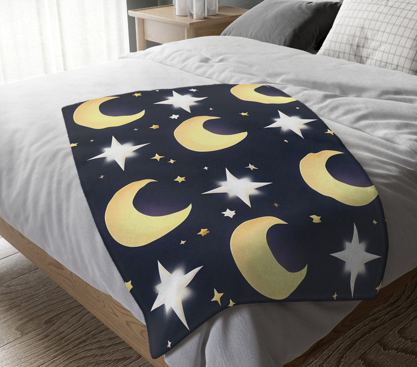 Blanket, Gold Moon and Stars Print, Soft Velveteen Microfiber Throw, Celestial Home Decor, Cozy Bedroom Accent, Night Sky Galaxy Design,