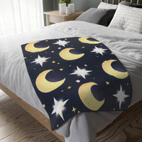 Blanket, Gold Moon and Stars Print, Soft Velveteen Microfiber Throw, Celestial Home Decor, Cozy Bedroom Accent, Night Sky Galaxy Design,