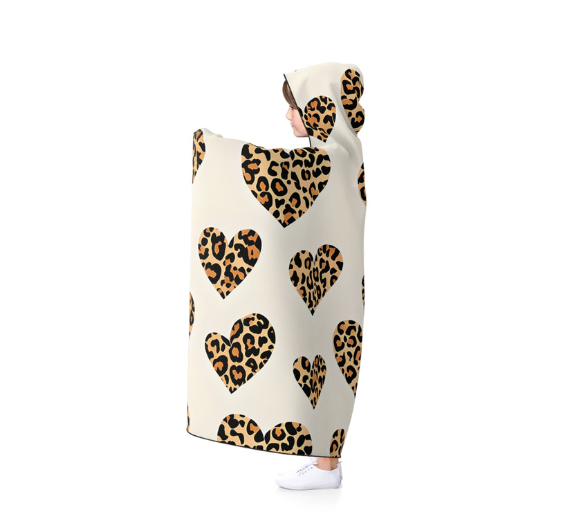 Cozy Leopard Heart Hooded Blanket, Perfect for Snuggling, Gifts for Animal Lovers, Home Decor, Relaxing Nights, Valentine's Day