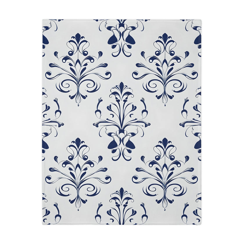 Velveteen Blanket, Blue Floral Print, Soft Throw for Home and Living Room Decor - Microfiber Reversible Couch Cover, Cozy Bedding, Floral