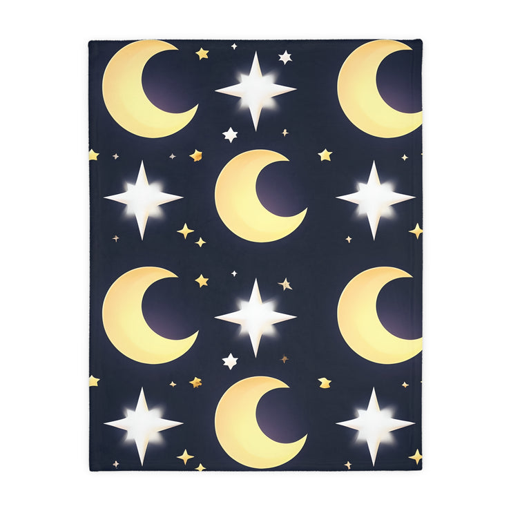 Blanket, Gold Moon and Stars Print, Soft Velveteen Microfiber Throw, Celestial Home Decor, Cozy Bedroom Accent, Night Sky Galaxy Design,