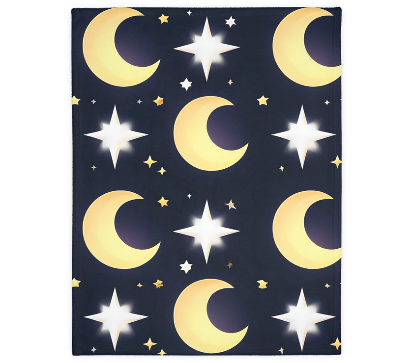 Blanket, Gold Moon and Stars Print, Soft Velveteen Microfiber Throw, Celestial Home Decor, Cozy Bedroom Accent, Night Sky Galaxy Design,