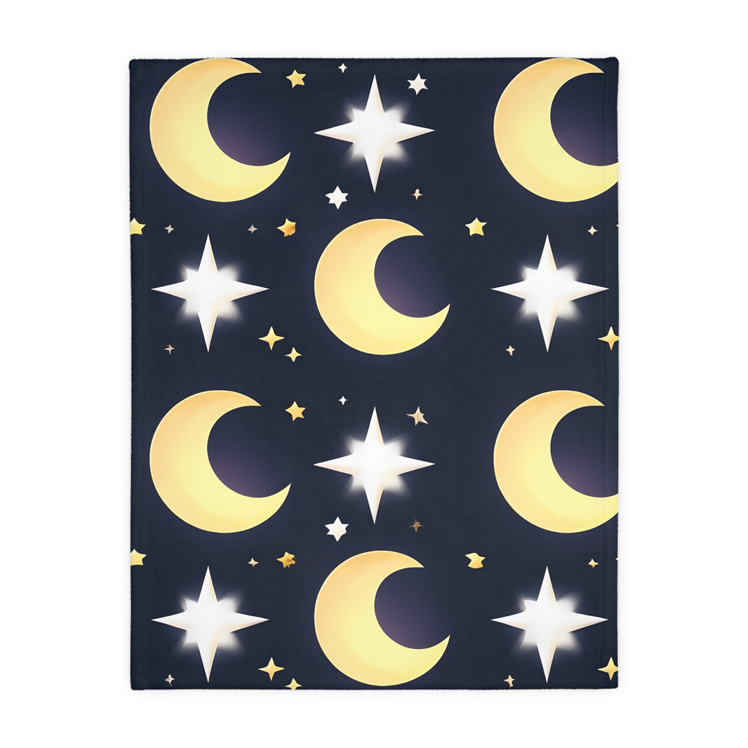 Blanket, Gold Moon and Stars Print, Soft Velveteen Microfiber Throw, Celestial Home Decor, Cozy Bedroom Accent, Night Sky Galaxy Design,