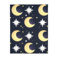 Blanket, Gold Moon and Stars Print, Soft Velveteen Microfiber Throw, Celestial Home Decor, Cozy Bedroom Accent, Night Sky Galaxy Design,