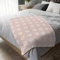 Velveteen Microfiber Blanket, White Daises on Pink Floral Throw, Soft Fleece Bedding, Cozy Couch Decoration, Home Decor Gift, Lightweight