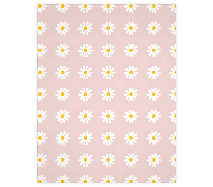 Velveteen Microfiber Blanket, White Daises on Pink Floral Throw, Soft Fleece Bedding, Cozy Couch Decoration, Home Decor Gift, Lightweight