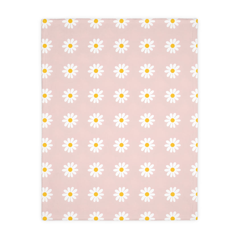 Velveteen Microfiber Blanket, White Daises on Pink Floral Throw, Soft Fleece Bedding, Cozy Couch Decoration, Home Decor Gift, Lightweight