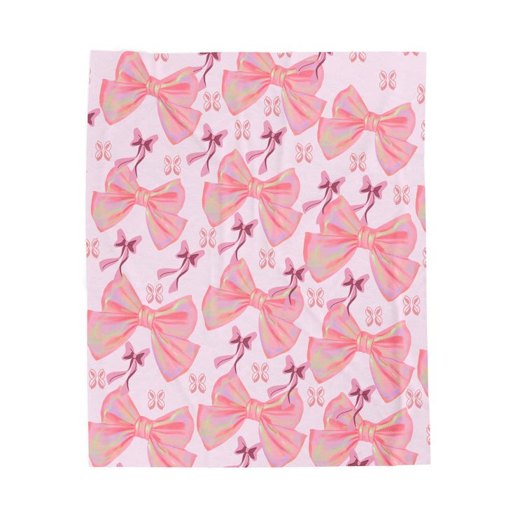 Velveteen Plush Blanket, Cozy Pink Bow Blanket, Soft Fleece Throw, Warm Bedding, Girly Bedroom Decor, Gift for Her