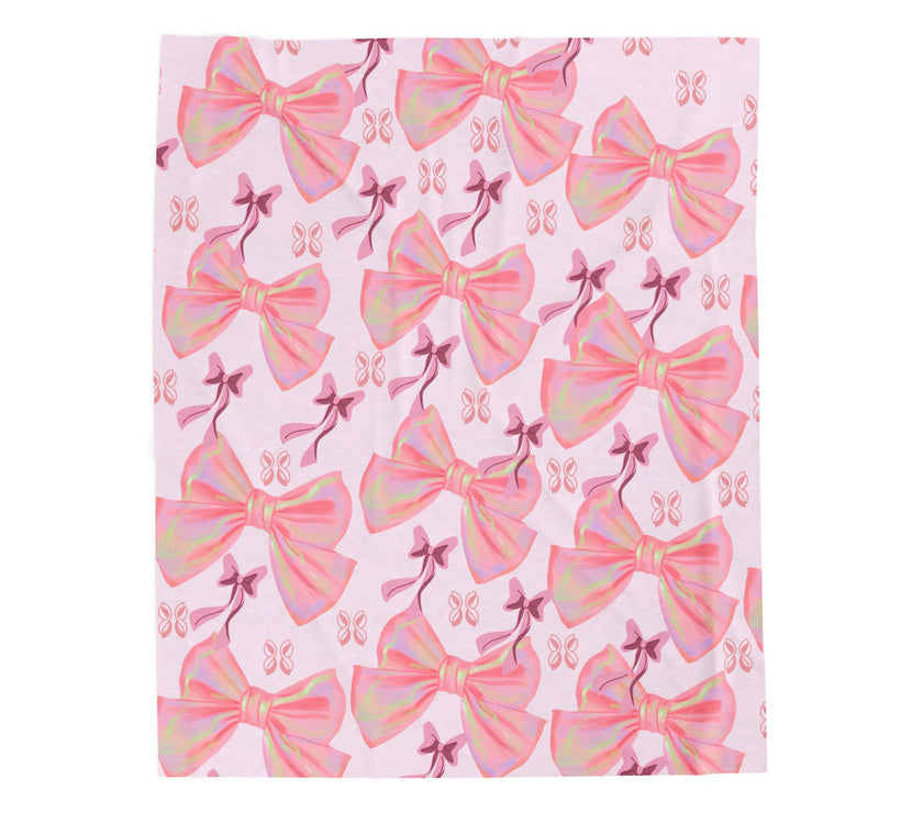 Velveteen Plush Blanket, Cozy Pink Bow Blanket, Soft Fleece Throw, Warm Bedding, Girly Bedroom Decor, Gift for Her