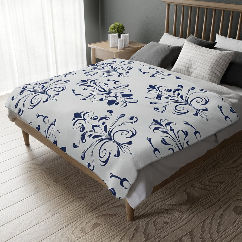 Velveteen Blanket, Blue Floral Print, Soft Throw for Home and Living Room Decor - Microfiber Reversible Couch Cover, Cozy Bedding, Floral