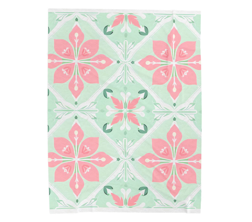 Velveteen Plush Blanket - Green Pink Floral Soft Throw, Cozy Bedding, Botanical Home Decor, Flower Print Lap Quilt, Floral Pattern Couch