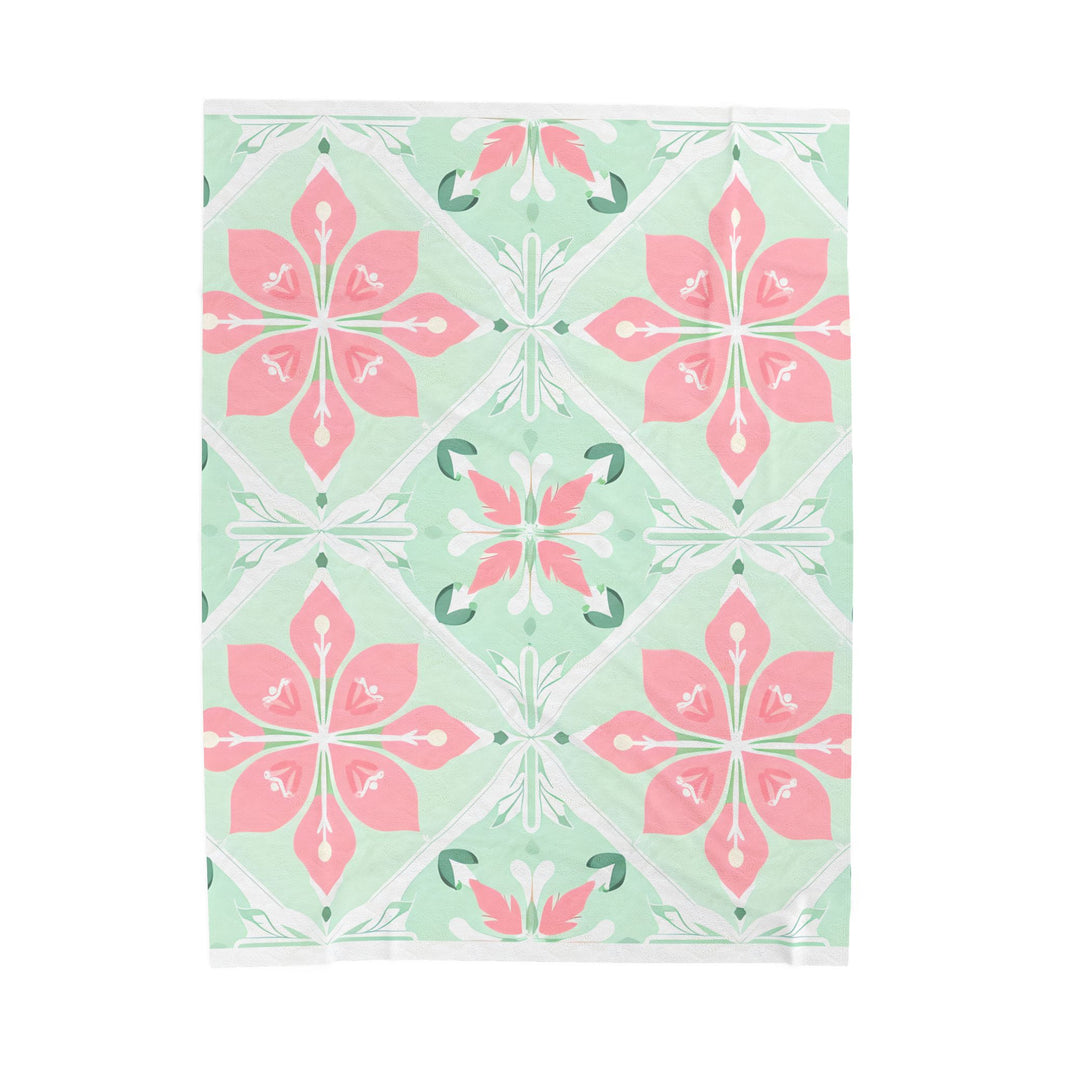 Velveteen Plush Blanket - Green Pink Floral Soft Throw, Cozy Bedding, Botanical Home Decor, Flower Print Lap Quilt, Floral Pattern Couch