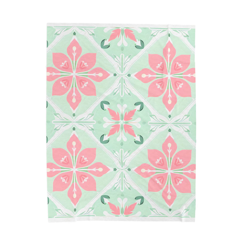Velveteen Plush Blanket - Green Pink Floral Soft Throw, Cozy Bedding, Botanical Home Decor, Flower Print Lap Quilt, Floral Pattern Couch