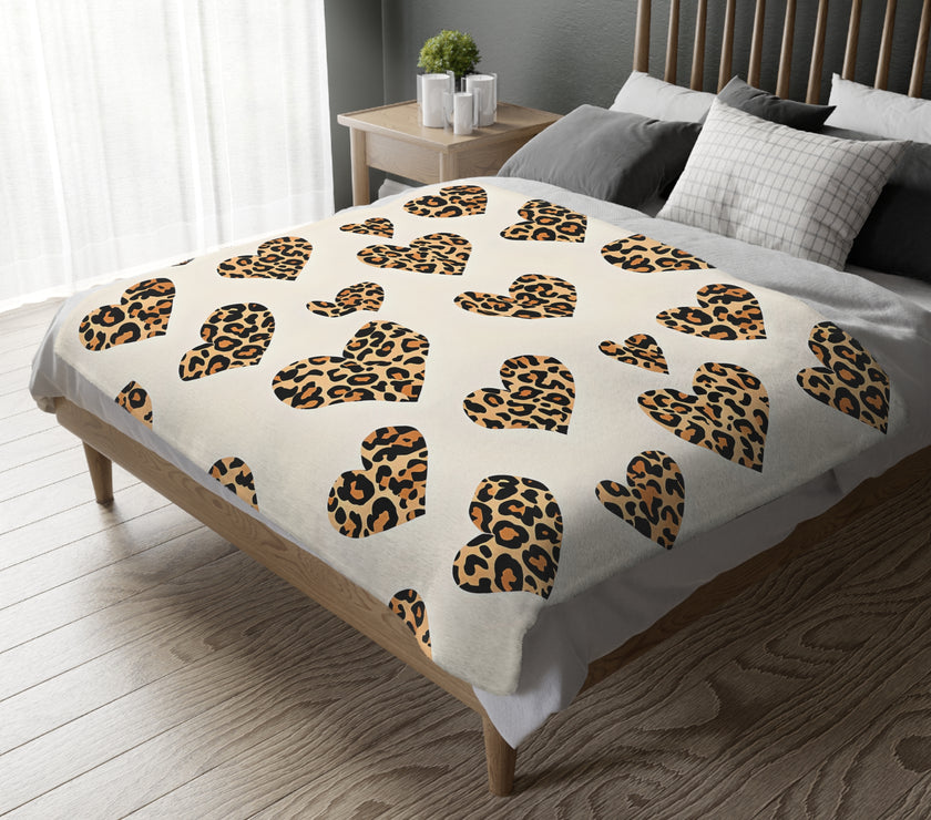 Velveteen Microfiber Blanket, Leopard Print Heart Throw, Cozy Bedding, Animal Lover Gift, Double-sided Couch Cover, Home Decor Accent