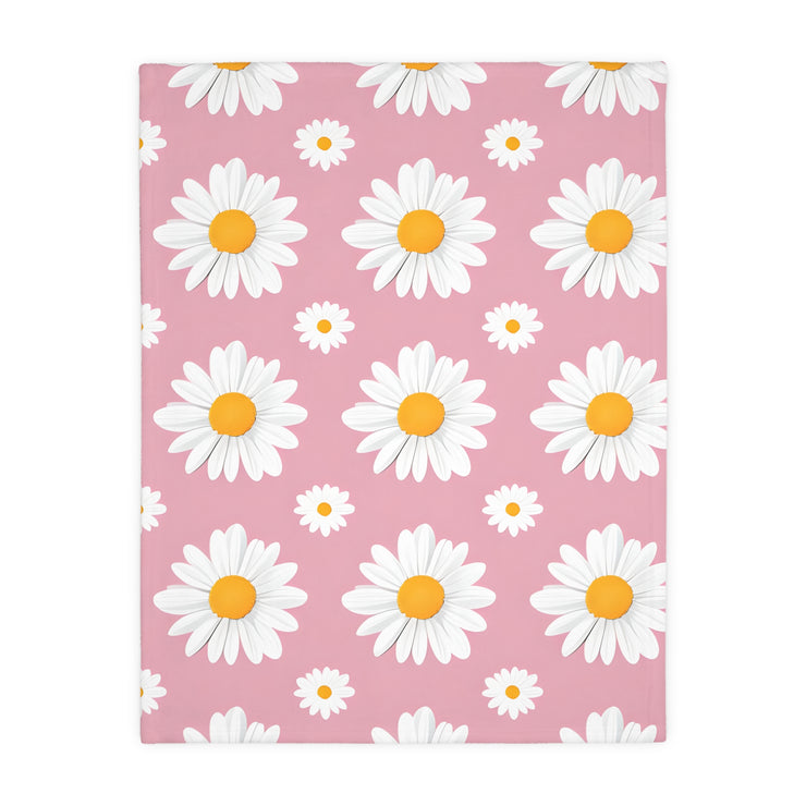 Pink White Daisey Velveteen Microfiber Blanket (Two-sided print)