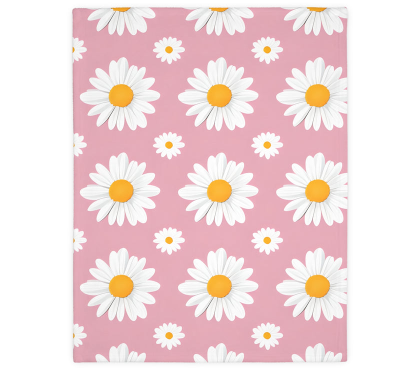 Pink White Daisey Velveteen Microfiber Blanket (Two-sided print)