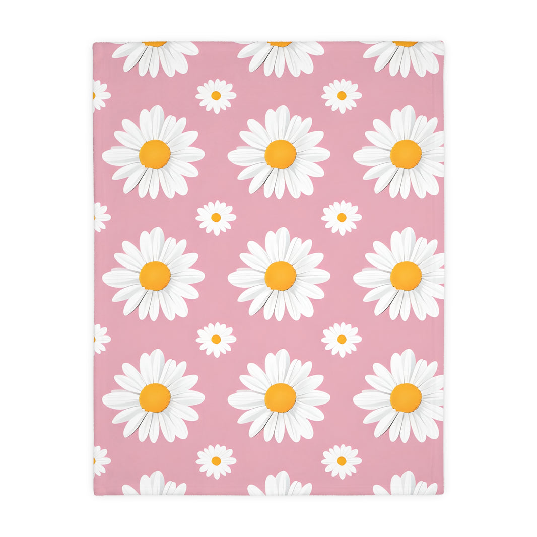 Pink White Daisey Velveteen Microfiber Blanket (Two-sided print)