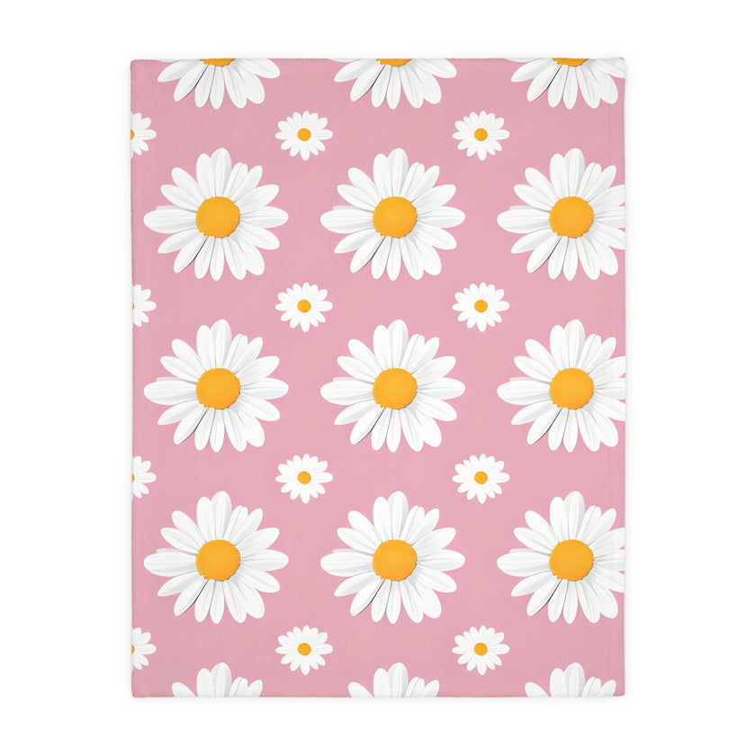 Pink White Daisey Velveteen Microfiber Blanket (Two-sided print)